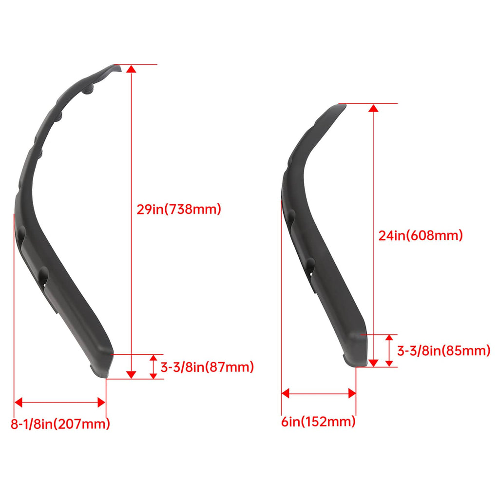 Golf cart fender flare pair with size measurements shown in inches and millimeters