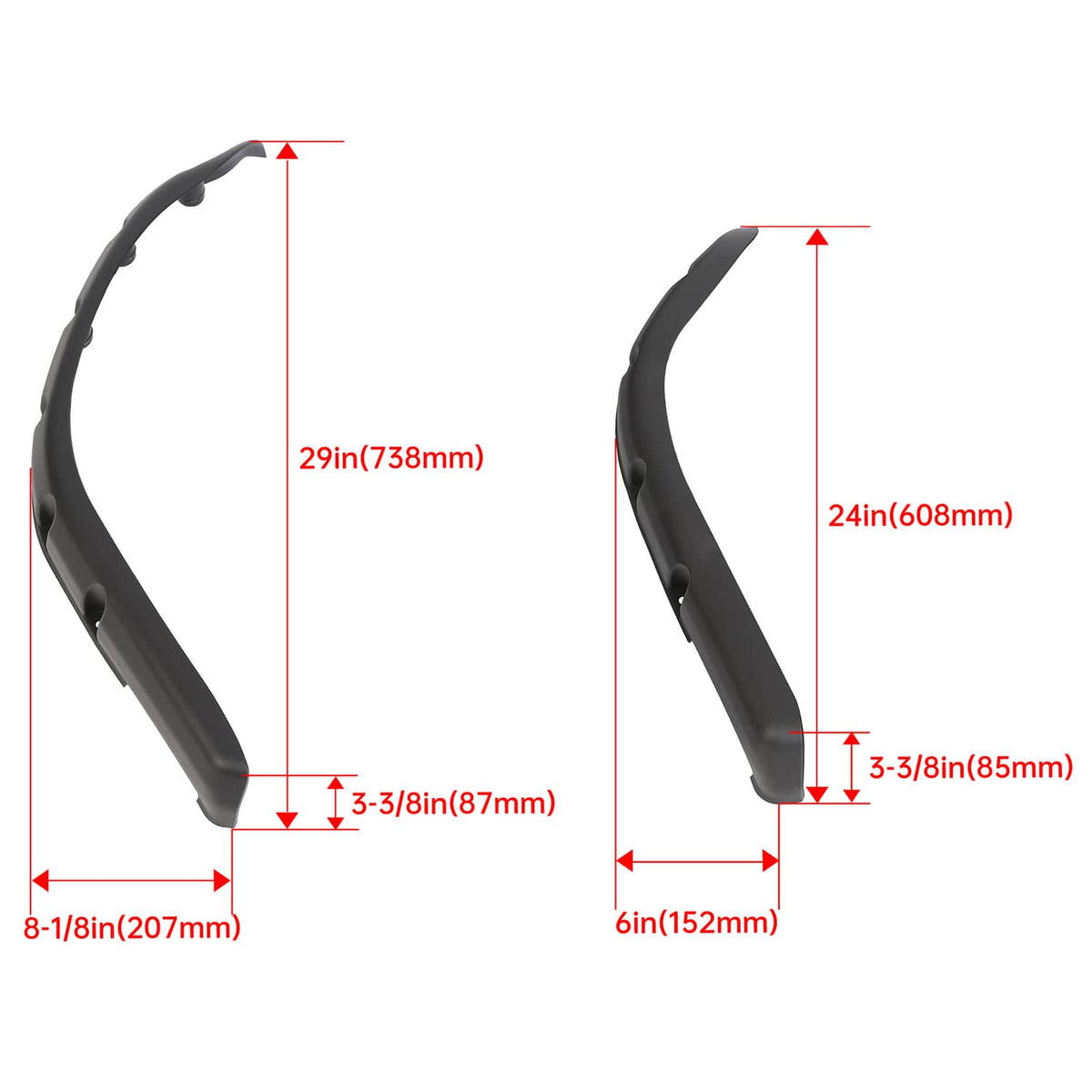 Golf cart fender flare pair with size measurements shown in inches and millimeters