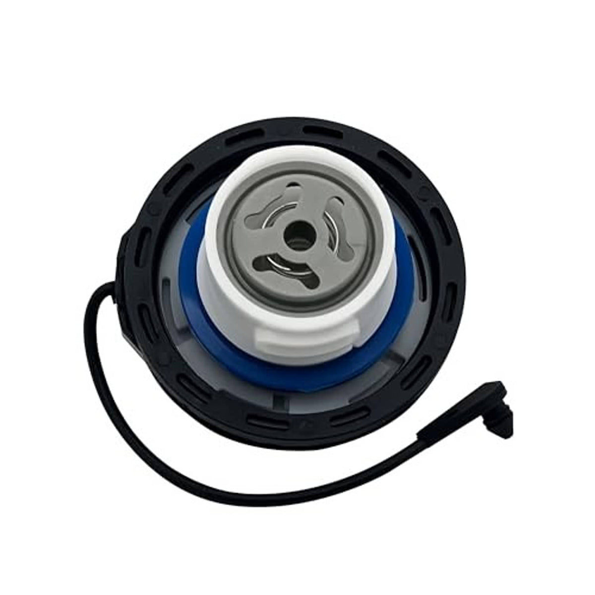 Fuel filler cap with silver center, blue seal, black retainer ring, and cord