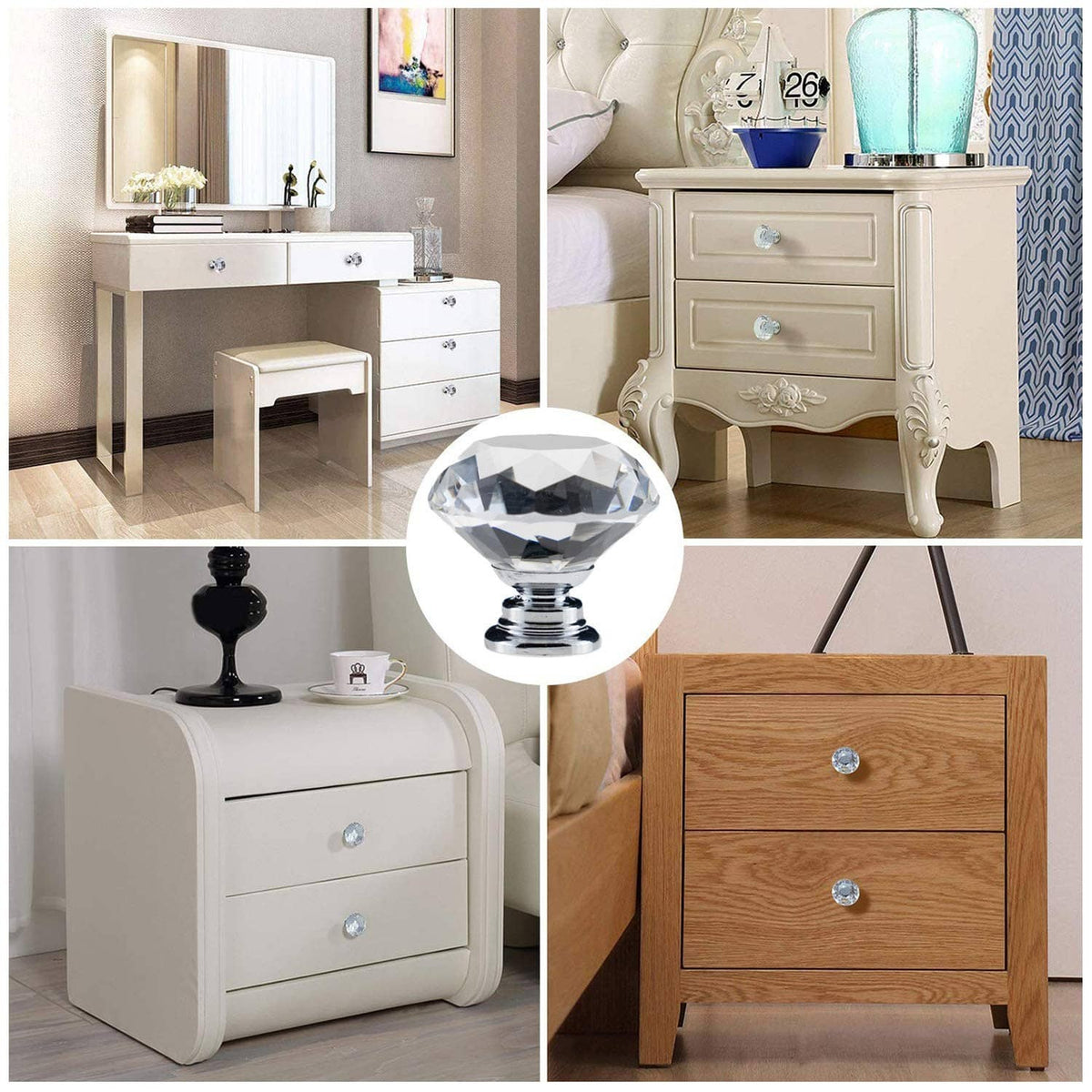 Faceted crystal drawer knob with chrome base and threaded mounting bolt