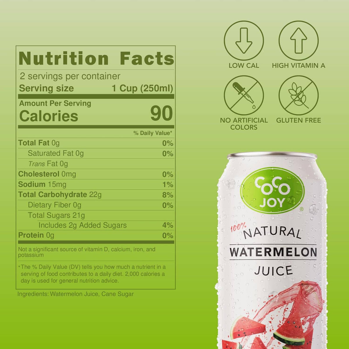 Coco Joy watermelon juice can with Nutrition Facts panel and serving info