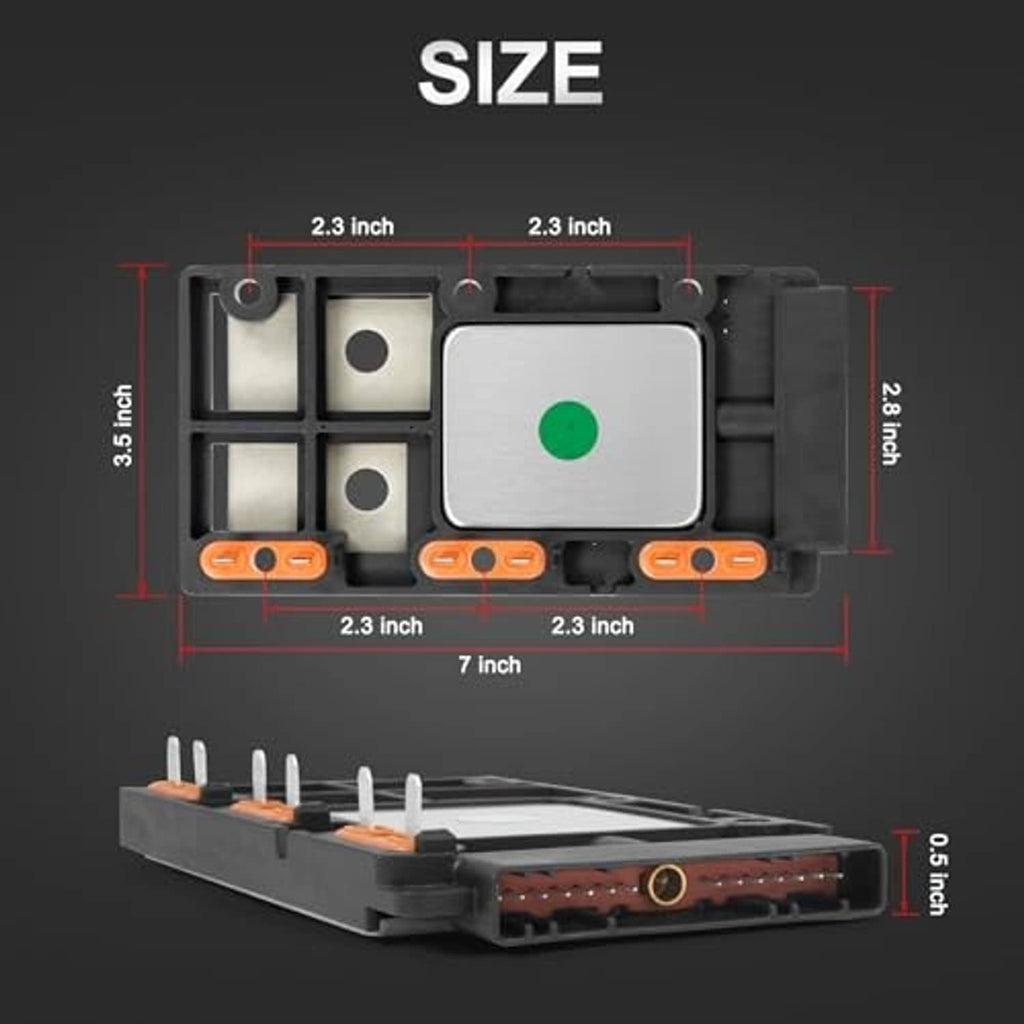 Ignition control module size diagram with measurements and connector pins, gray/black body