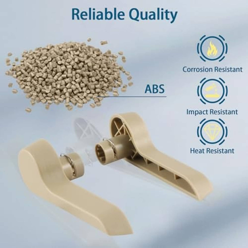 Beige seat recliner handle lever with durability icons and ABS, impact, heat resistance labels