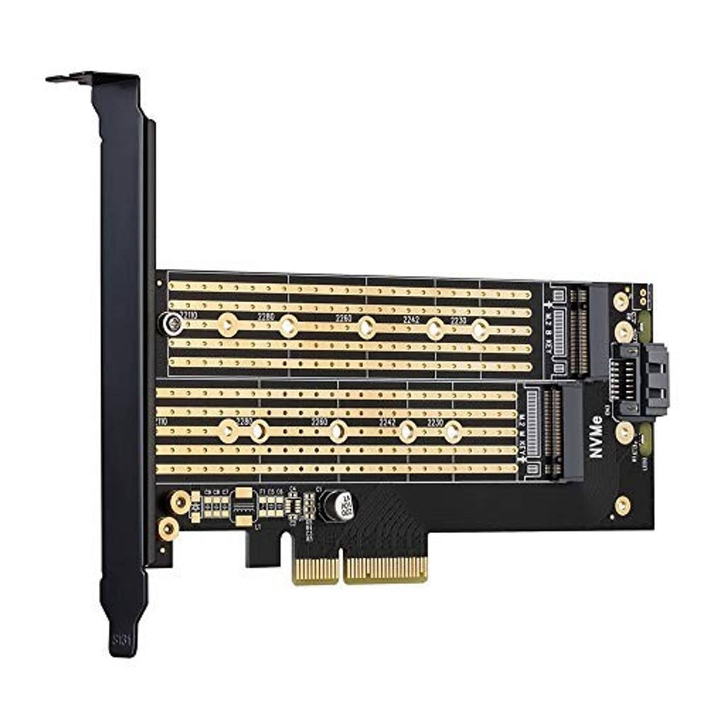 PCIe dual M.2 SSD adapter card with heatsink fins, gold contacts, and bracket