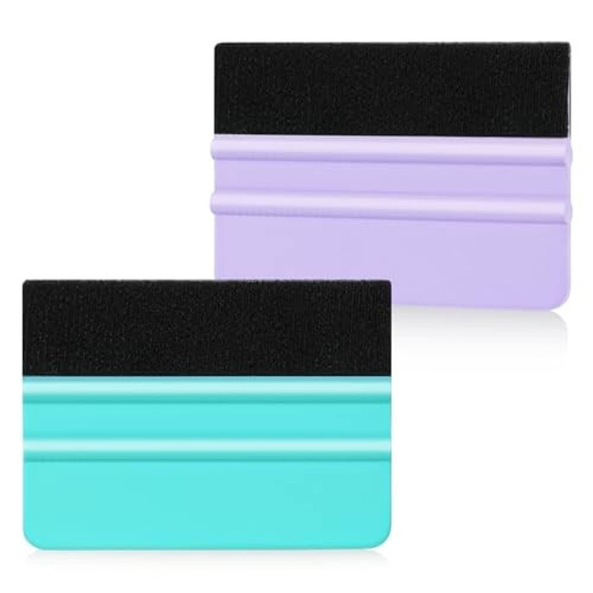 Two vinyl squeegees with black felt pads and turquoise and purple plastic bodies