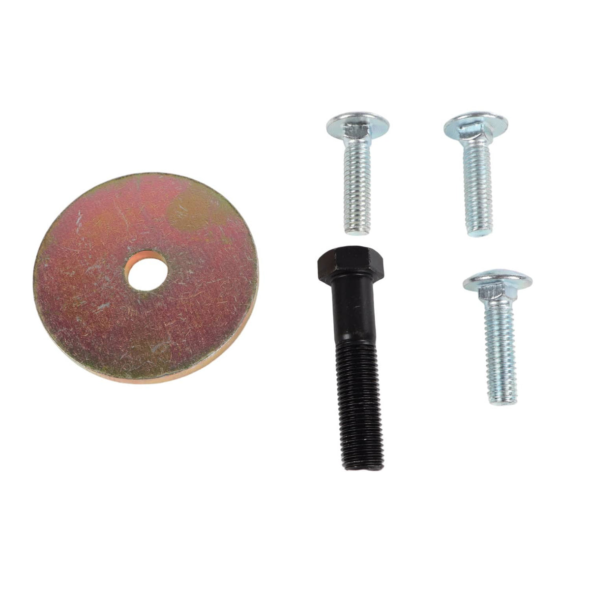 Lawn mower spindle mounting hardware set: washer, screws, and bolt