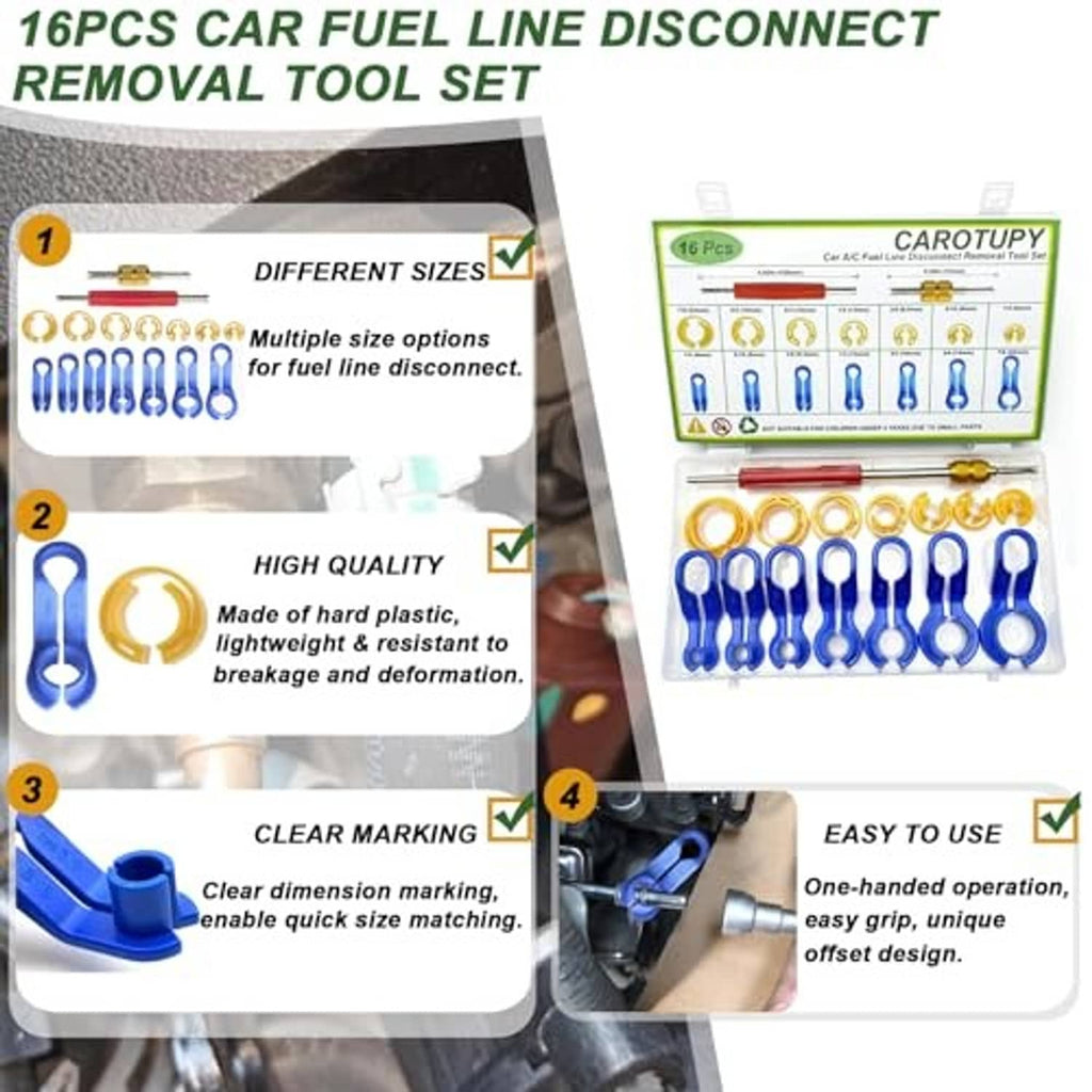 Car A/C line disconnect removal tool set with blue handles and connector clips