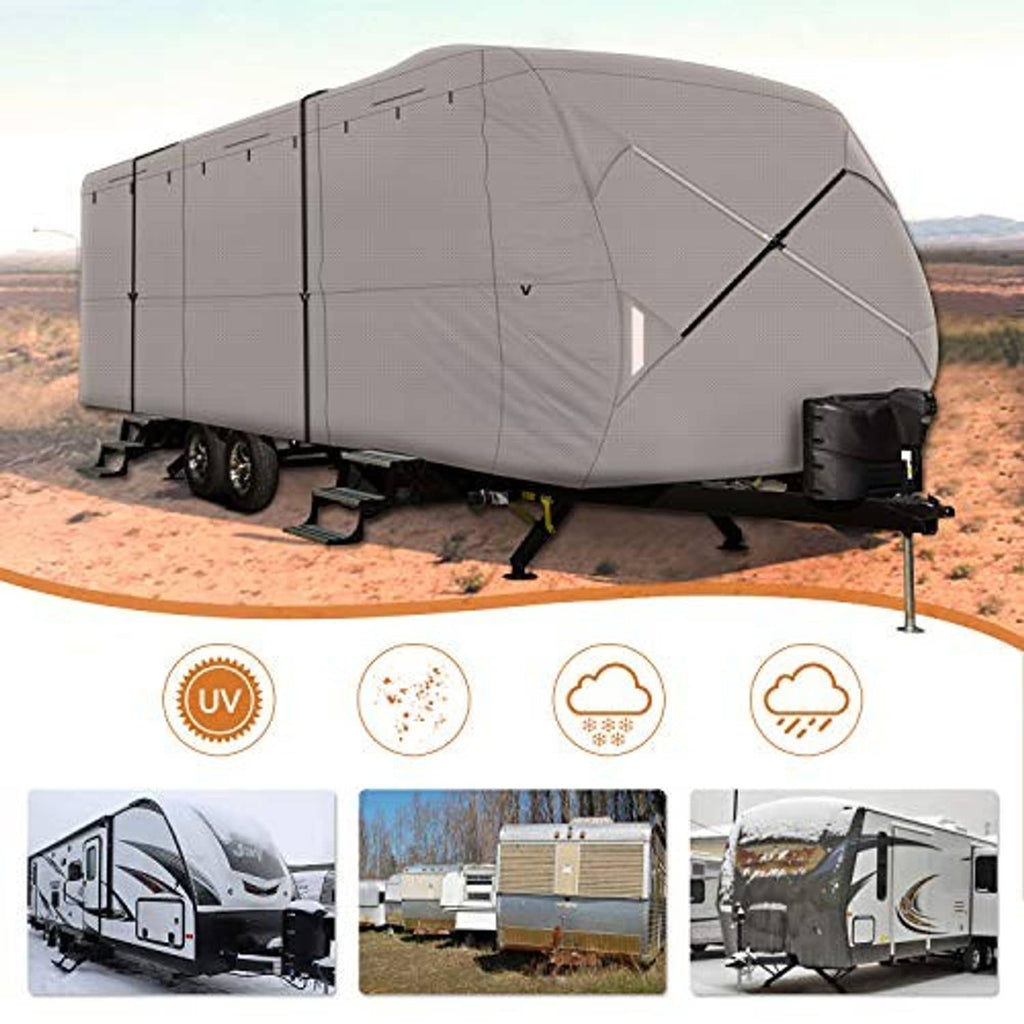 Grey travel trailer cover on trailer with adjustable poles, outdoor setup