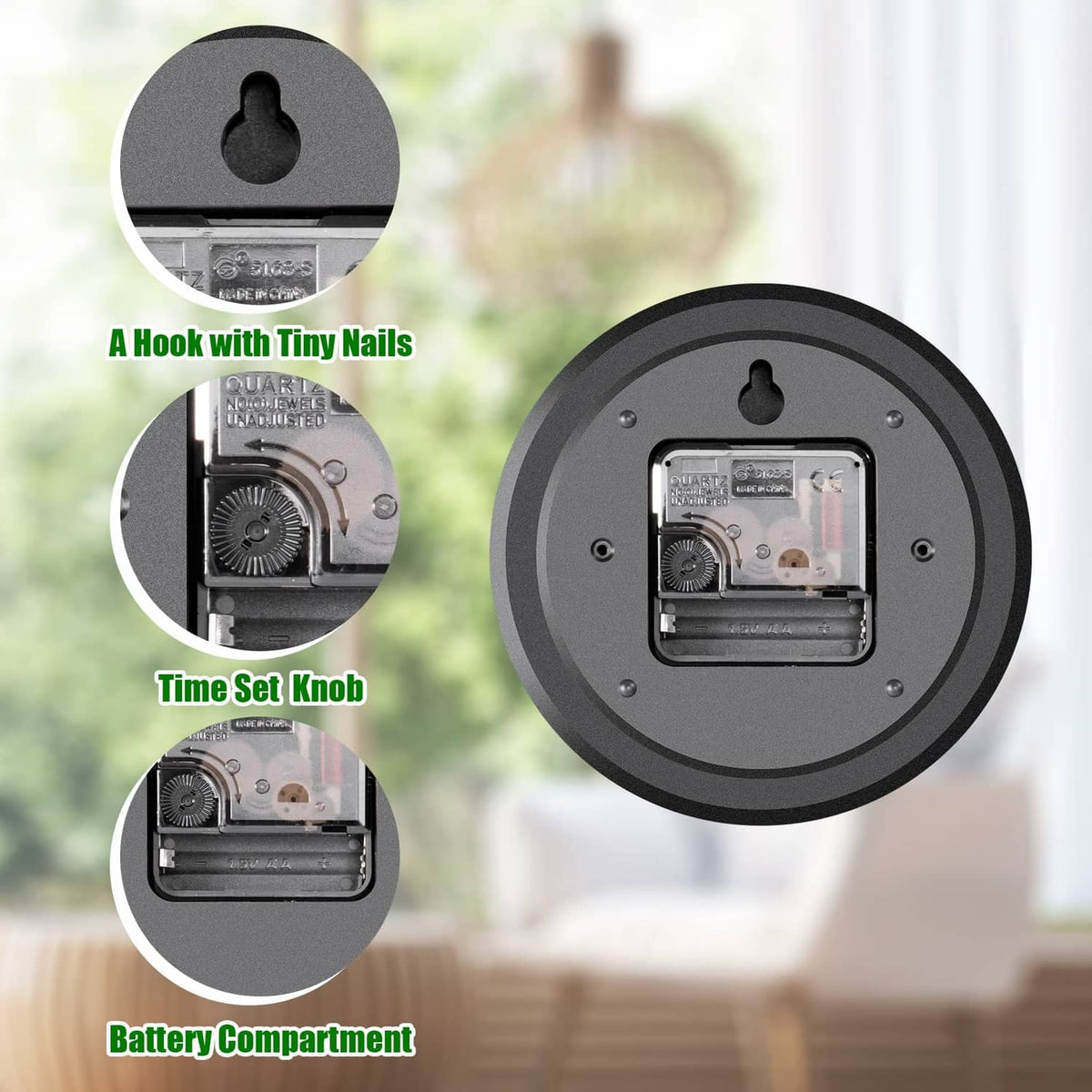 Back view of 12-inch battery wall clock with battery compartment and mounting holes