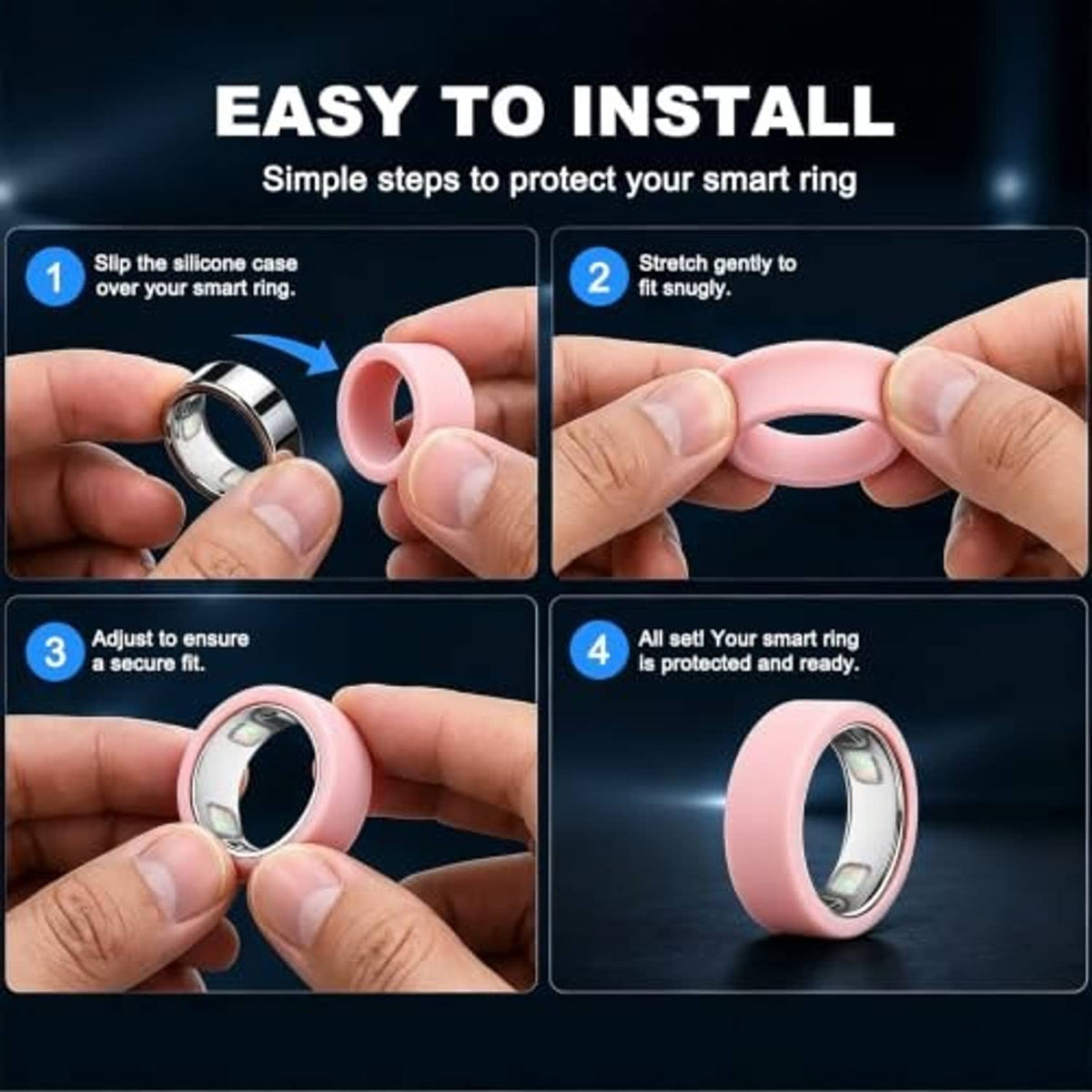 Pink silicone smart ring case being stretched over a device for secure fit