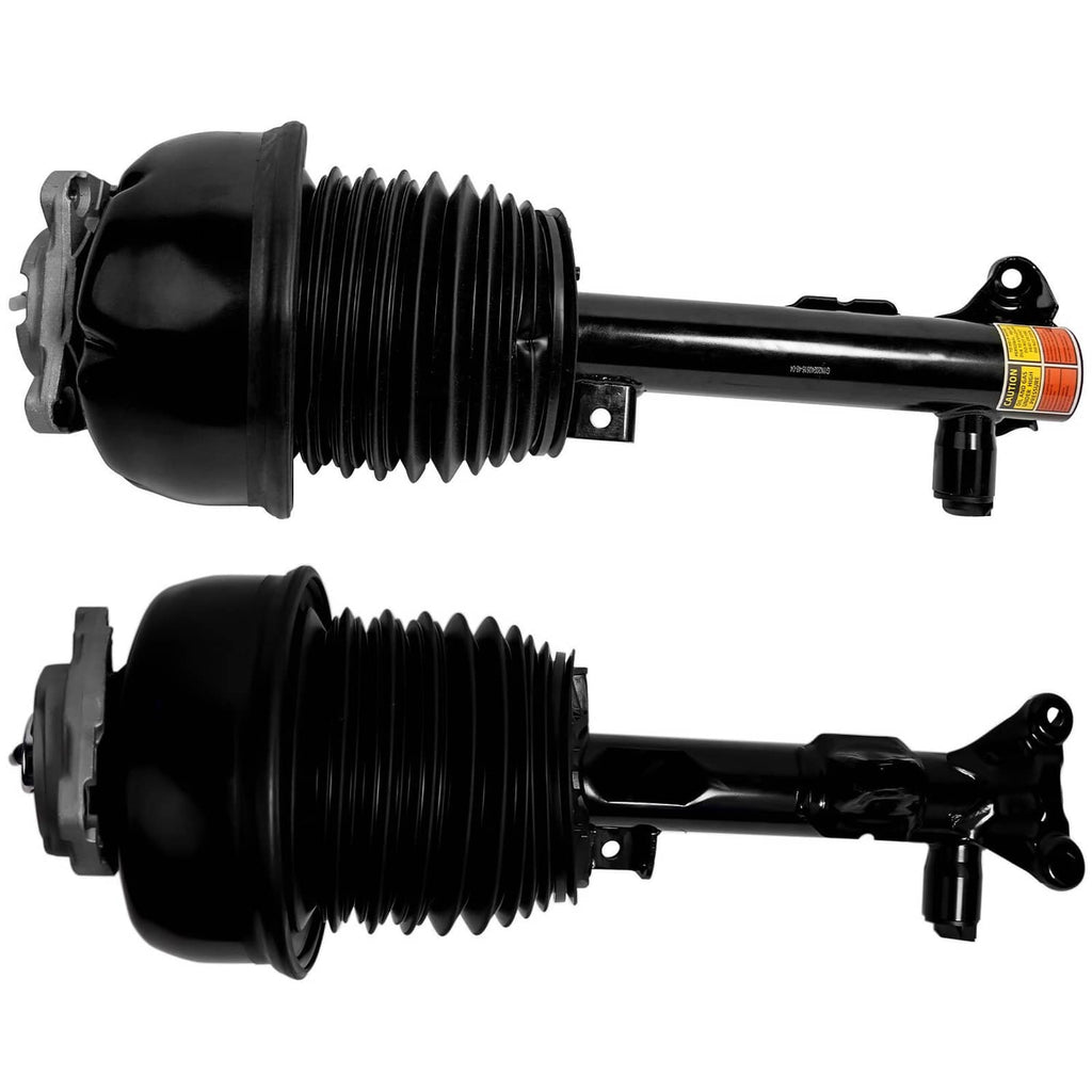 Front air suspension shock struts with ribbed black bellows and metal rod brackets, pair