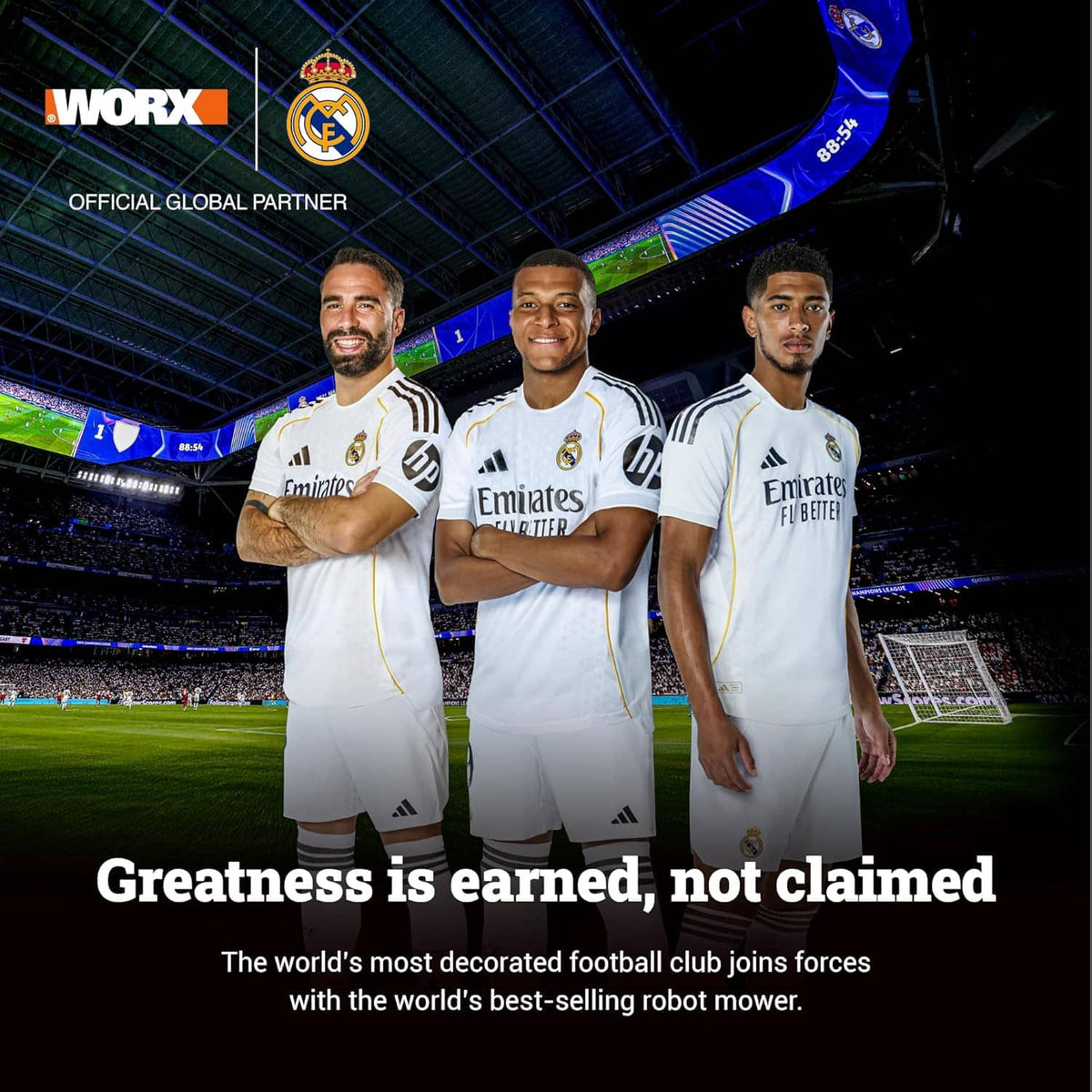 Worx promotional graphic with three soccer players and stadium background
