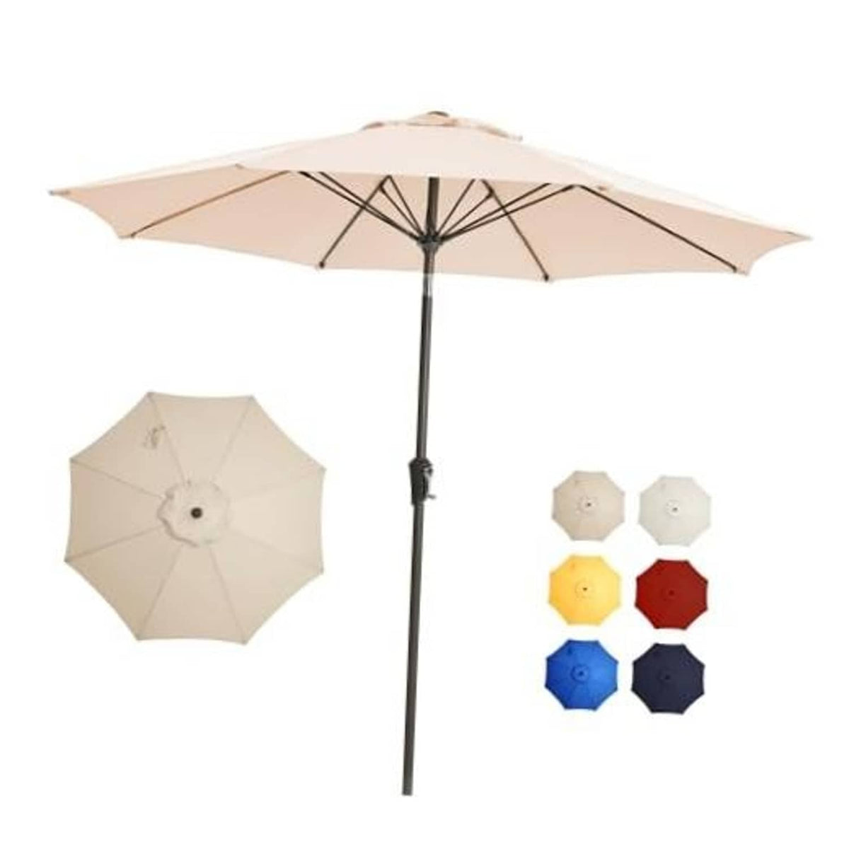Beige outdoor patio umbrella with open canopy and center pole.