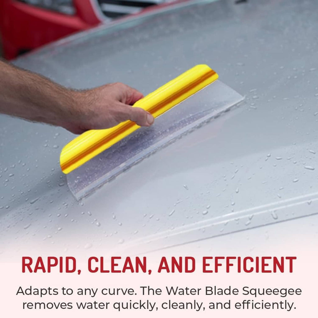 Hand using yellow-and-white water blade squeegee on car hood