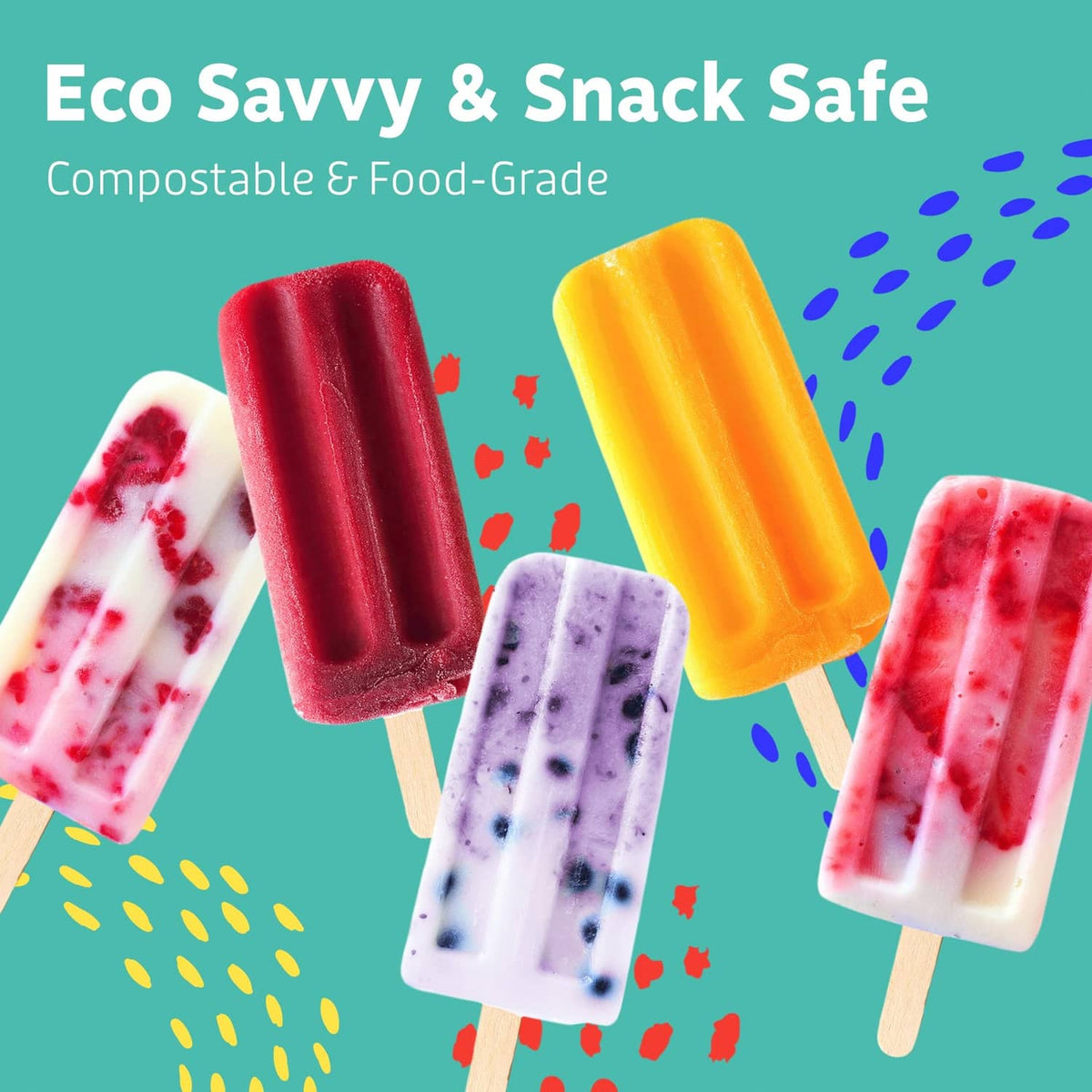 Craft snack popsicle sticks with light wood bases, red orange purple and white designs