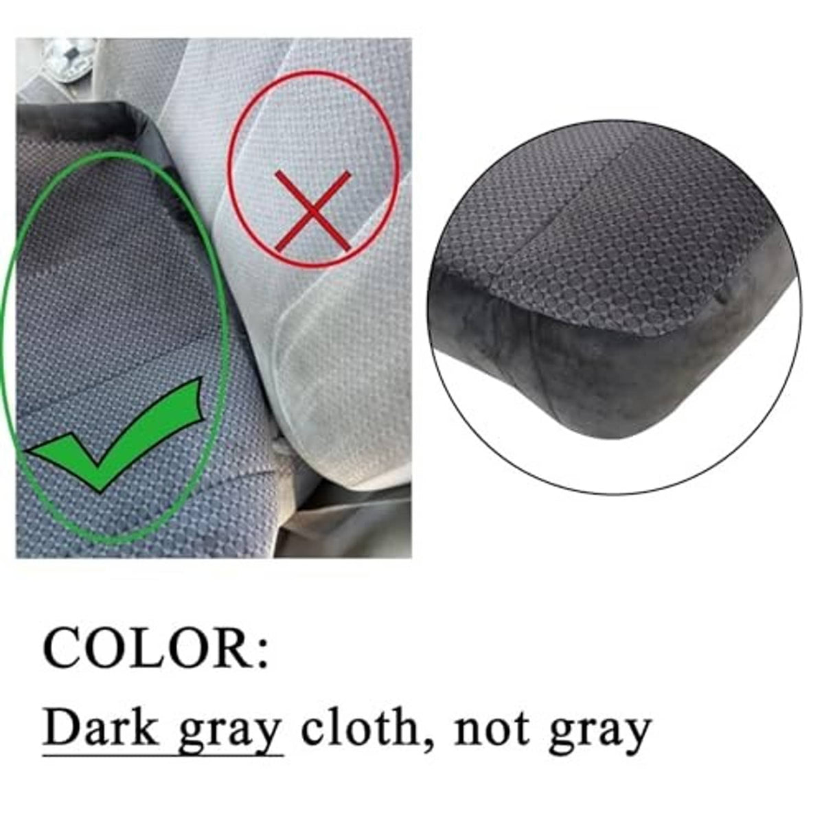 Dark gray textured cloth seat cover close-up with curved stitched edge