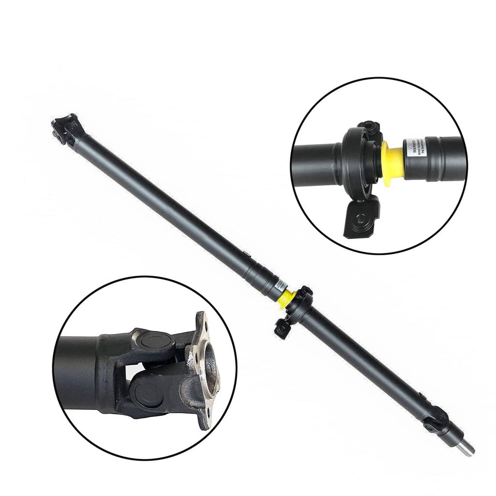 Rear driveshaft prop shaft assembly, black tube with yoke end and mounting joint details