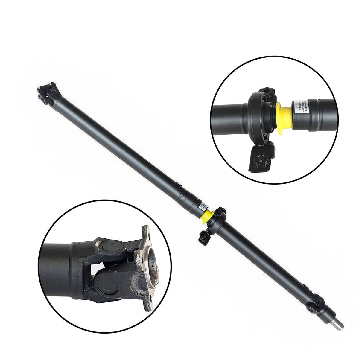 Rear driveshaft prop shaft assembly, black tube with yoke end and mounting joint details