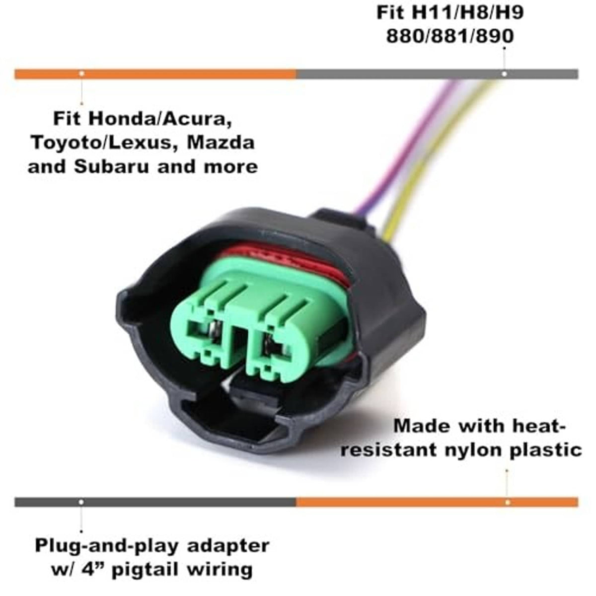 H11/H8/H9 plug-and-play adapter with heat-resistant nylon connector and 4-inch pigtail wires