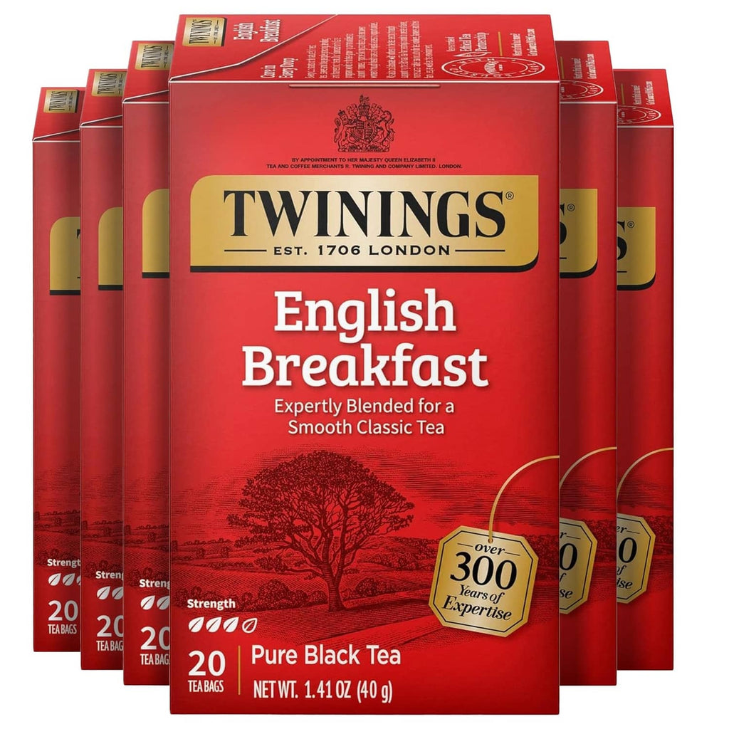 Twinings English Breakfast tea boxes, each with 20 black tea bags, pack of 6.