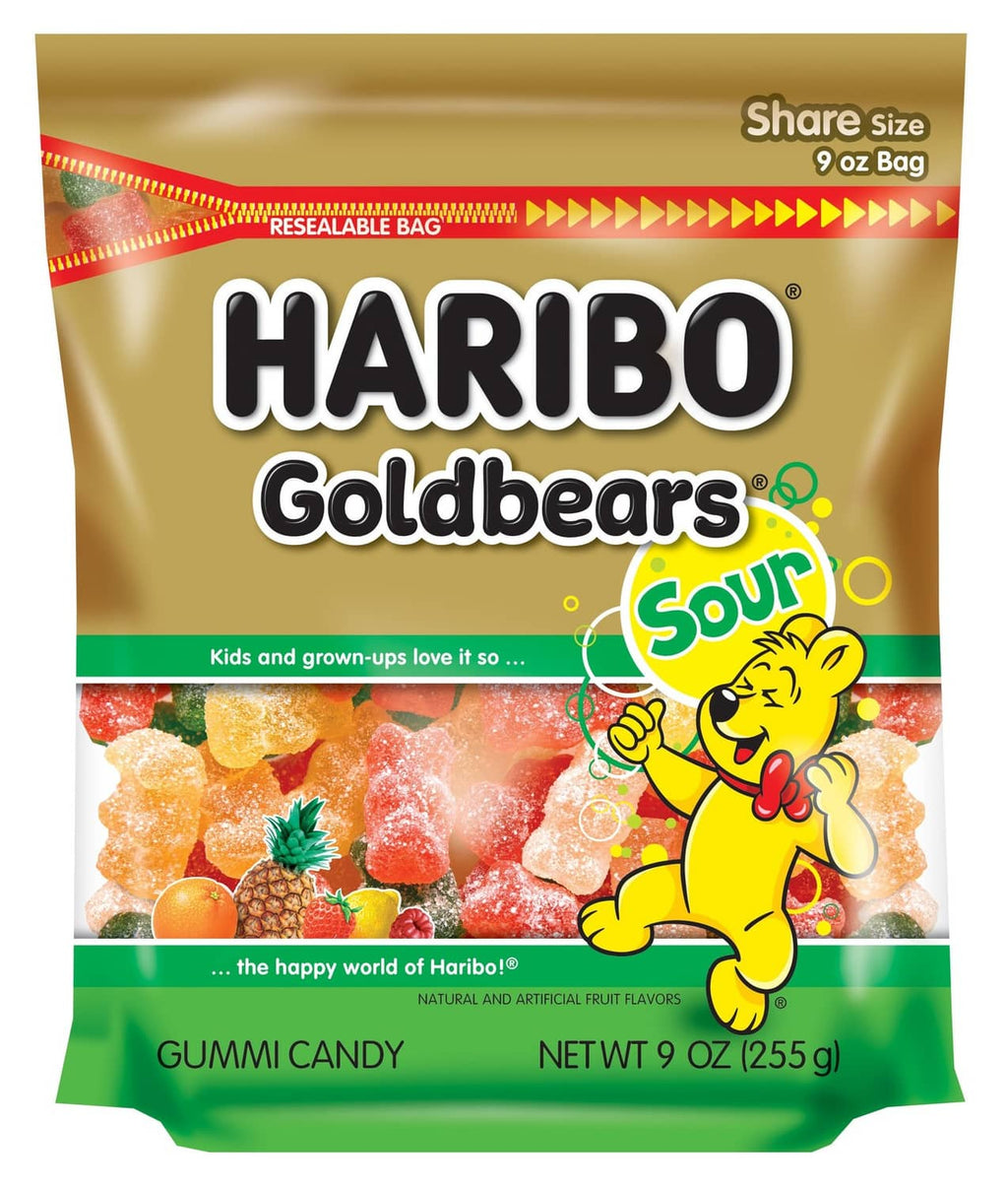 HARIBO Goldbears sour gummi candy share bag with mixed gummy pieces inside