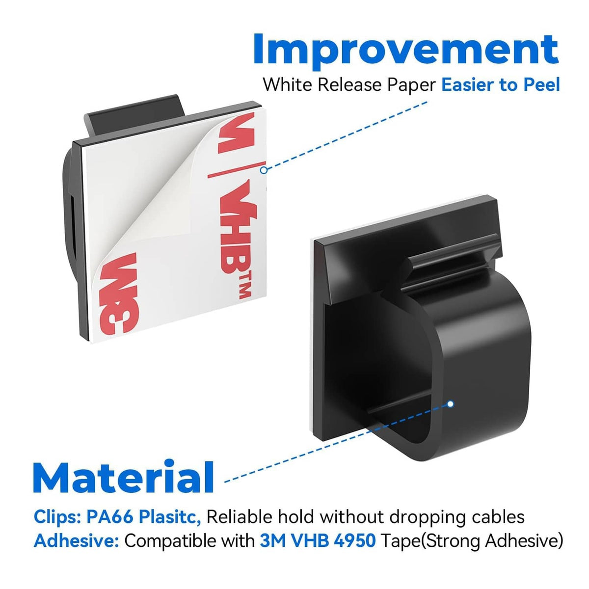 Black cable clip with adhesive tape and release paper for easy peel mounting