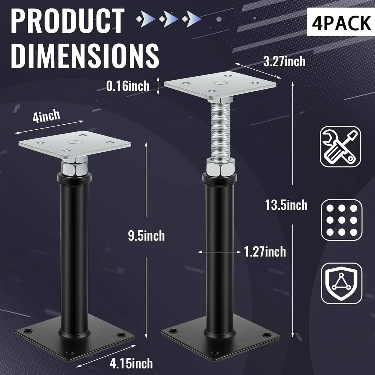 Adjustable floor screw jack post with black base and threaded center rod, silver top plate