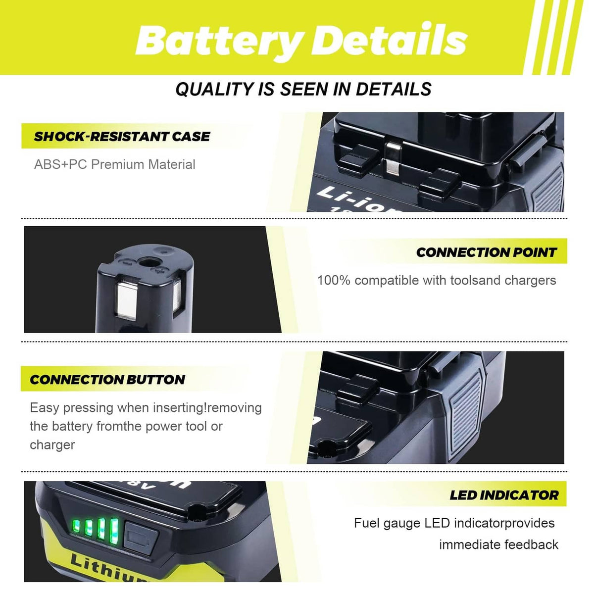 18V Li-ion battery with connector area and LED indicator detail, black with yellow trim