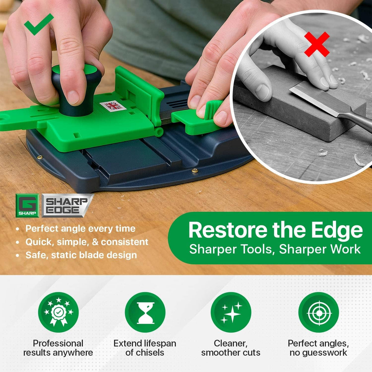 Green and black chisel sharpener on work surface with hands positioning the blade