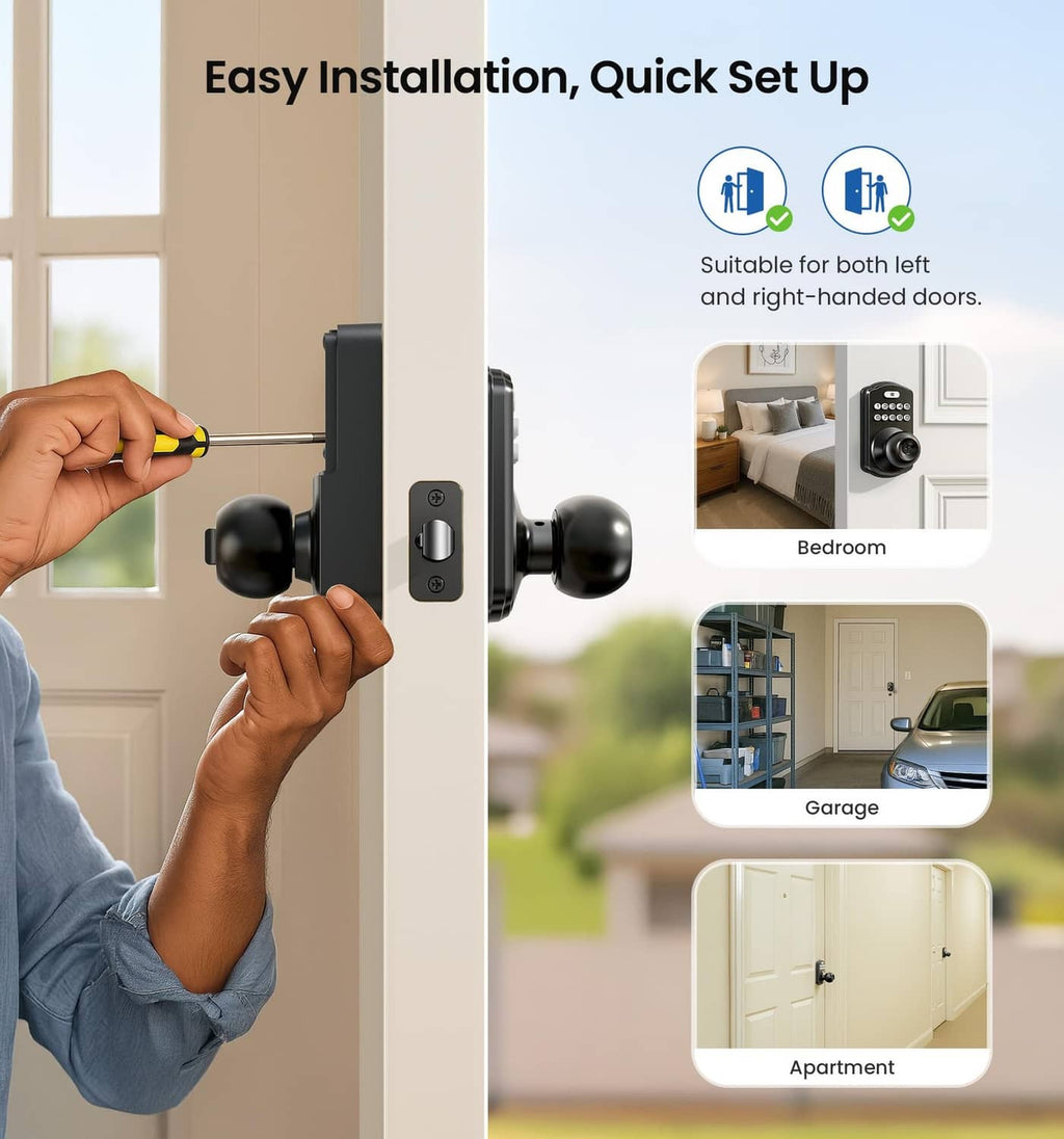 Matte black keypad door lock being installed with screwdriver on exterior knob
