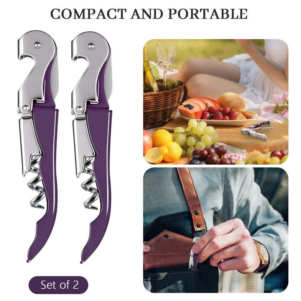 Set of two plum waiter corkscrews with silver key mechanism, vertical pair view