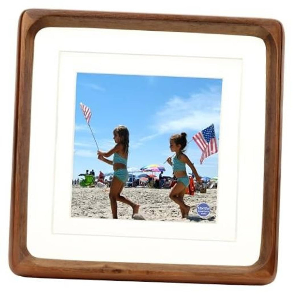 Walnut square wood picture frame with white mat and glass front, rounded corners