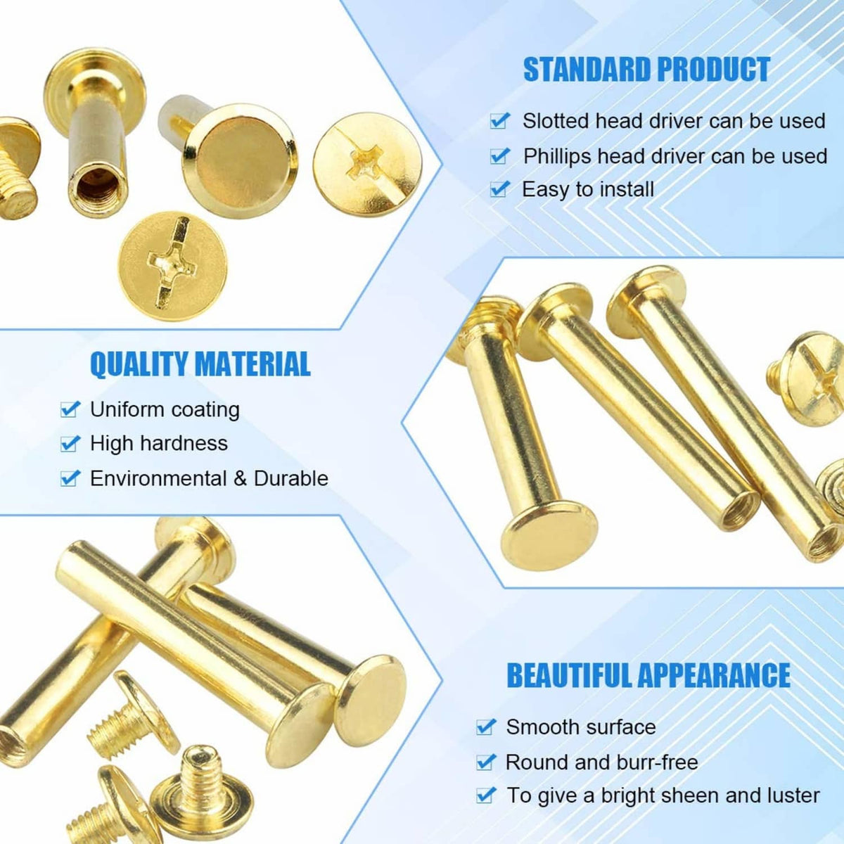 Brass-plated Chicago screws with smooth round heads and threaded posts, gold finish