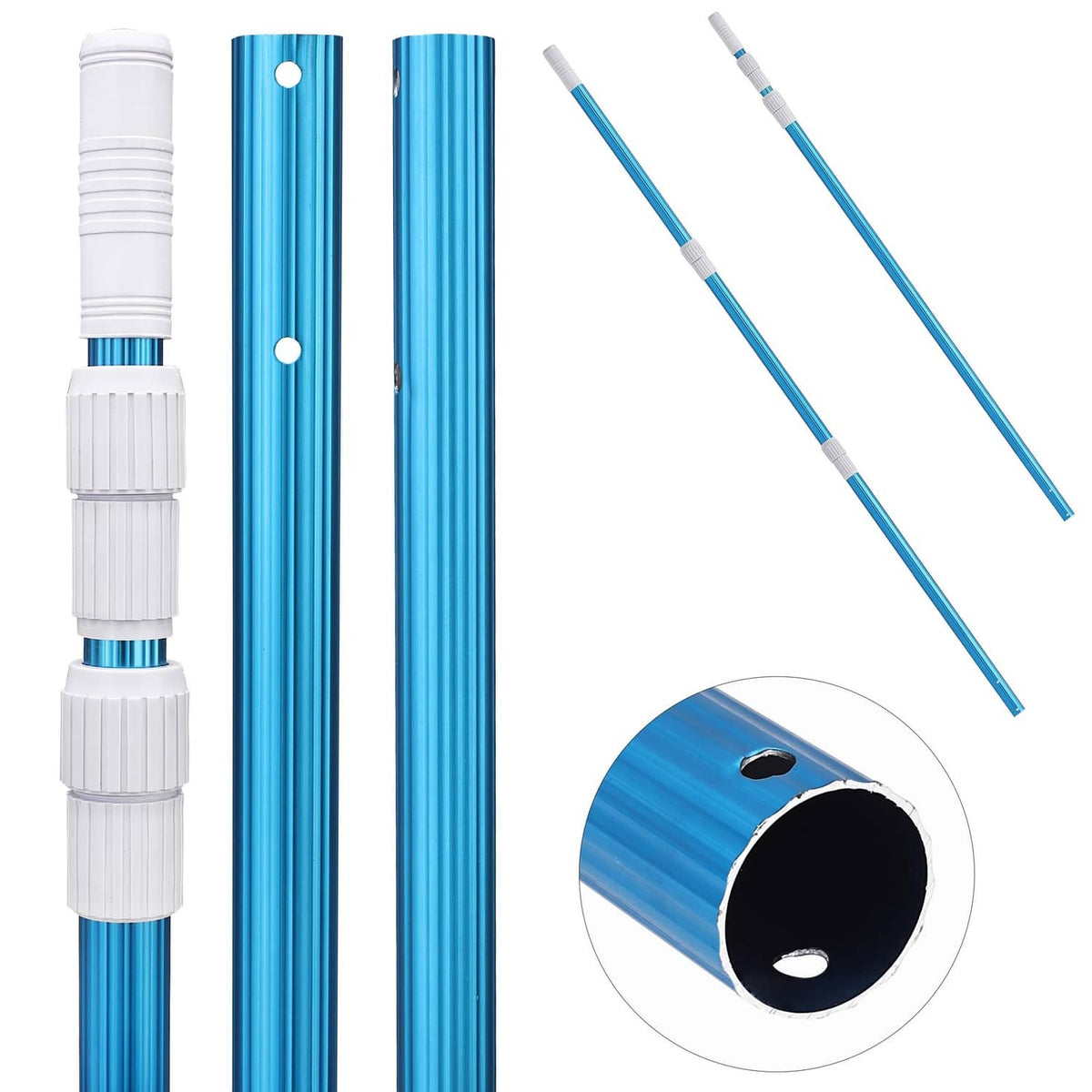 Blue telescopic pool cleaning pole, 3 expandable sections with white connectors