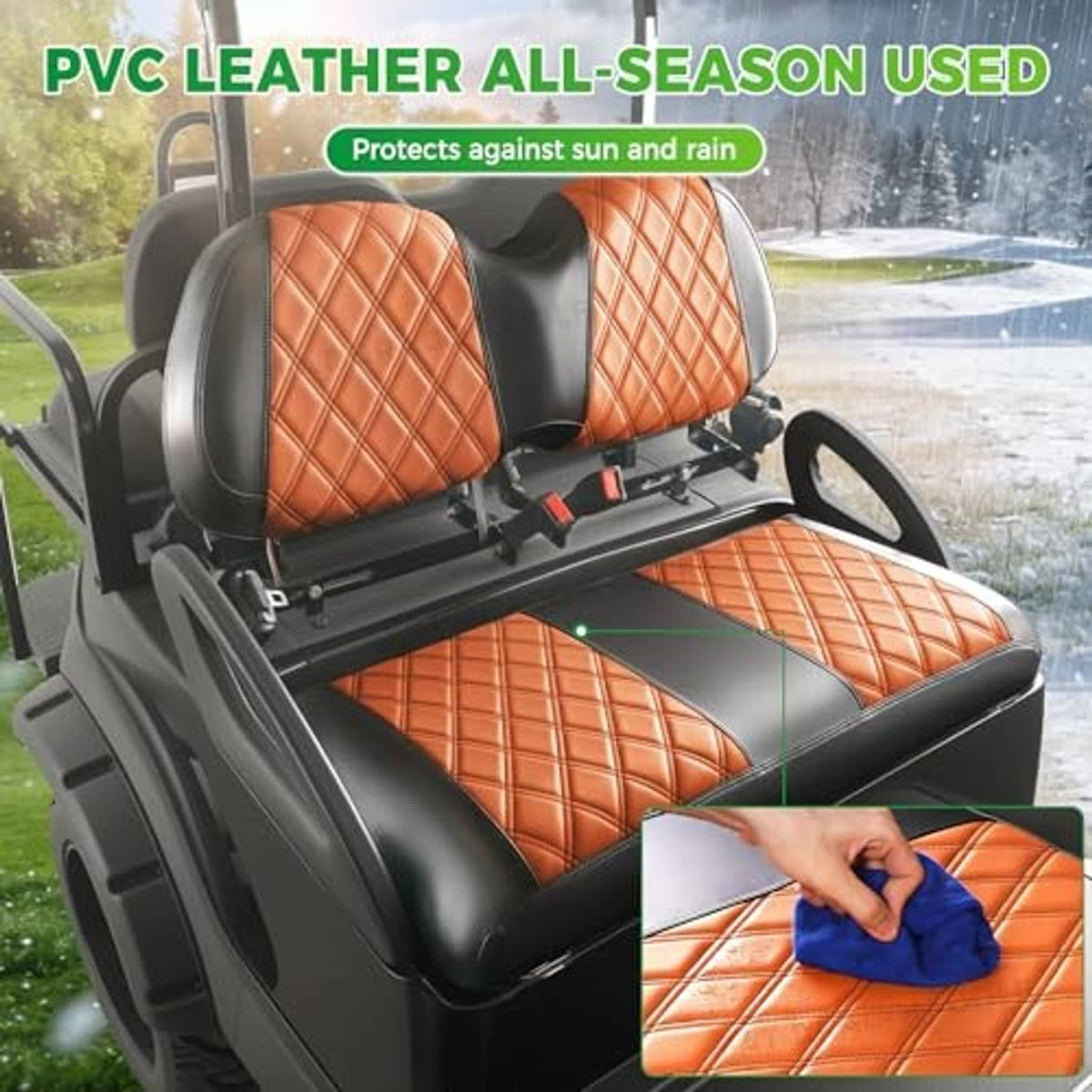 Orange diamond-pattern seat covers with inset wiping detail on a black seat base