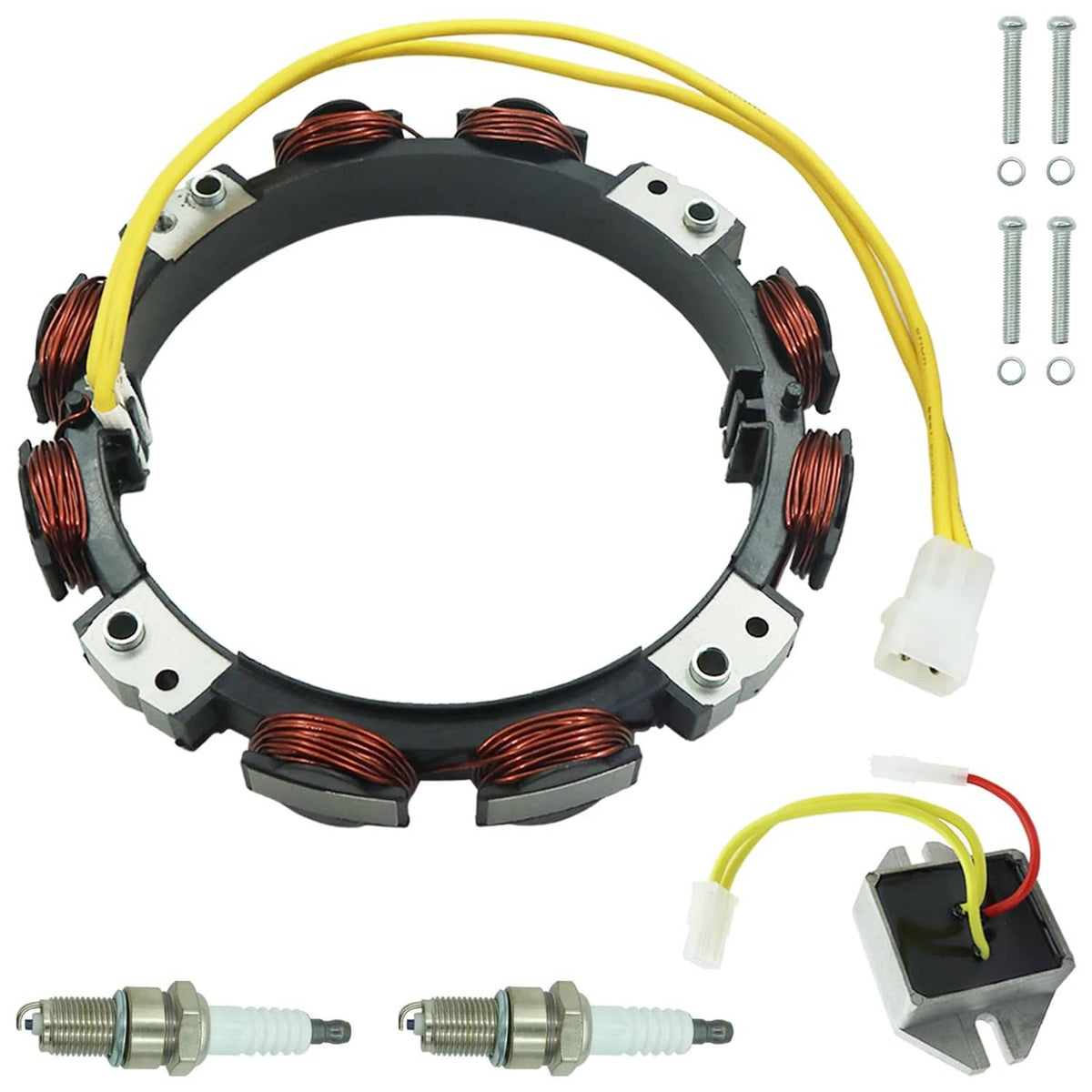 Alternator stator ring with copper windings and yellow wire leads