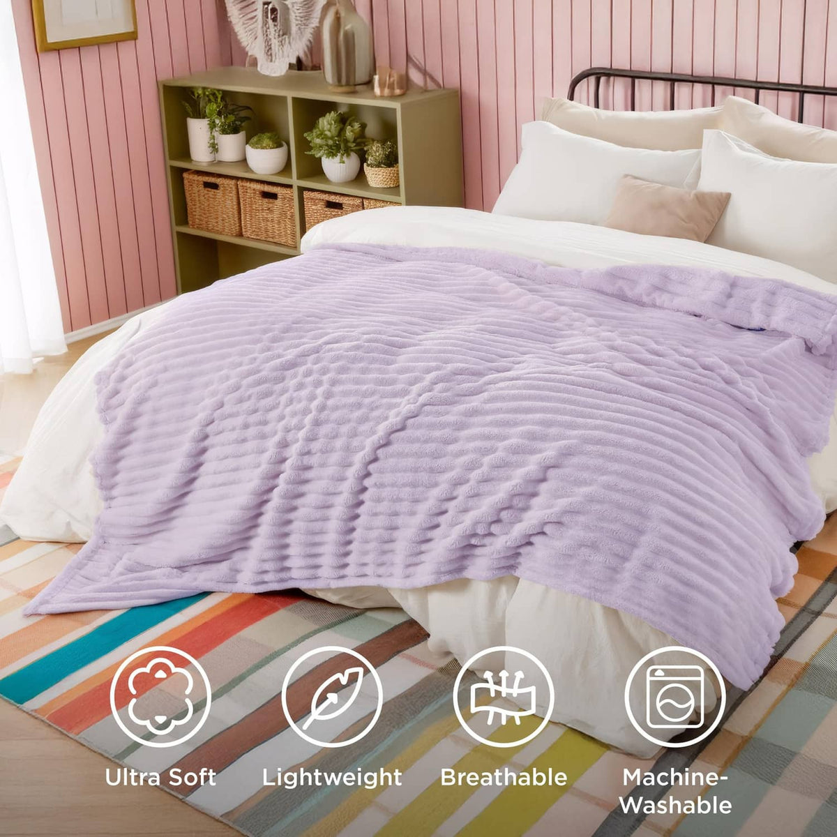 Lavender fog waffle-textured blanket with icons for softness and machine-washable