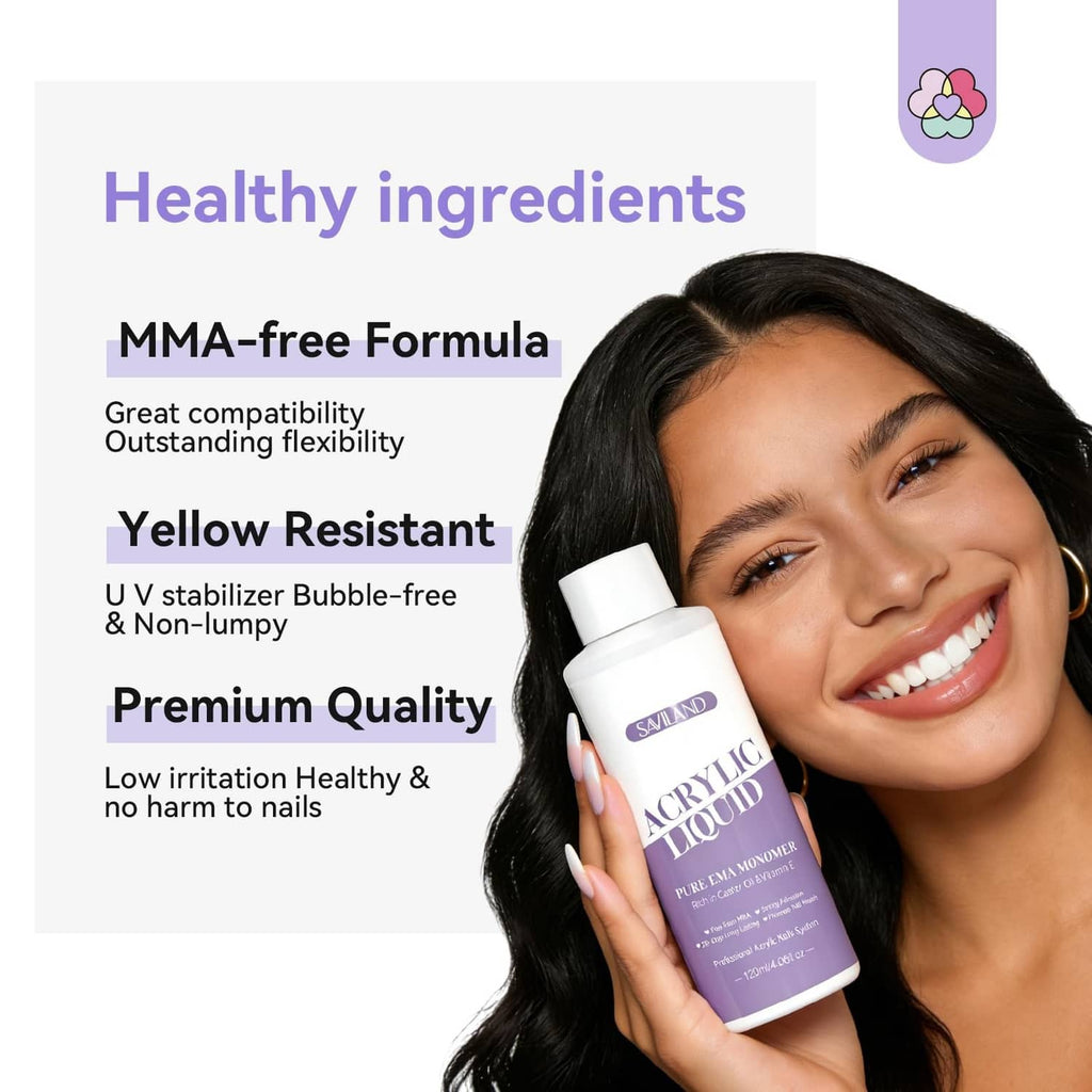 SAVILAND acrylic liquid monomer bottle with healthy ingredients callouts
