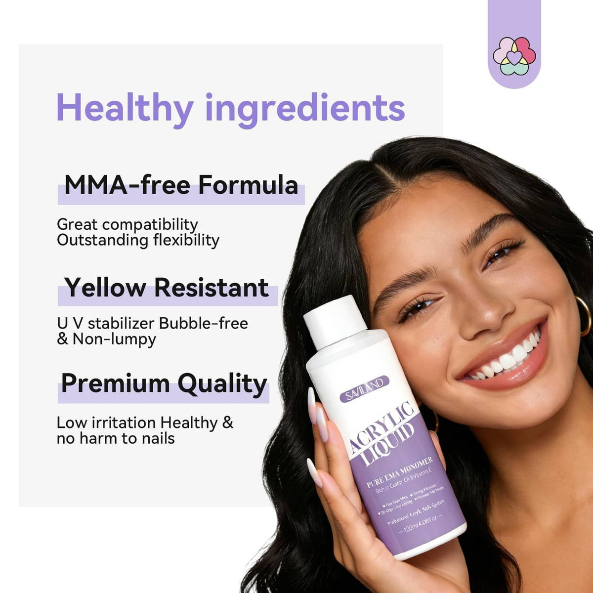 SAVILAND acrylic liquid monomer bottle with healthy ingredients callouts