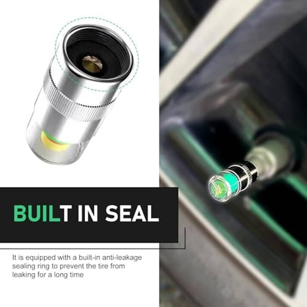 Silver tire valve stem cap with threaded base and colored indicator window