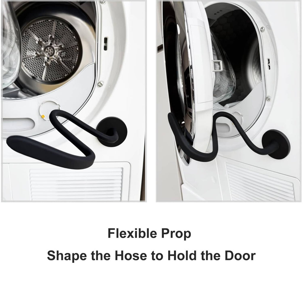 Black flexible washer door prop in two views, holding the door open
