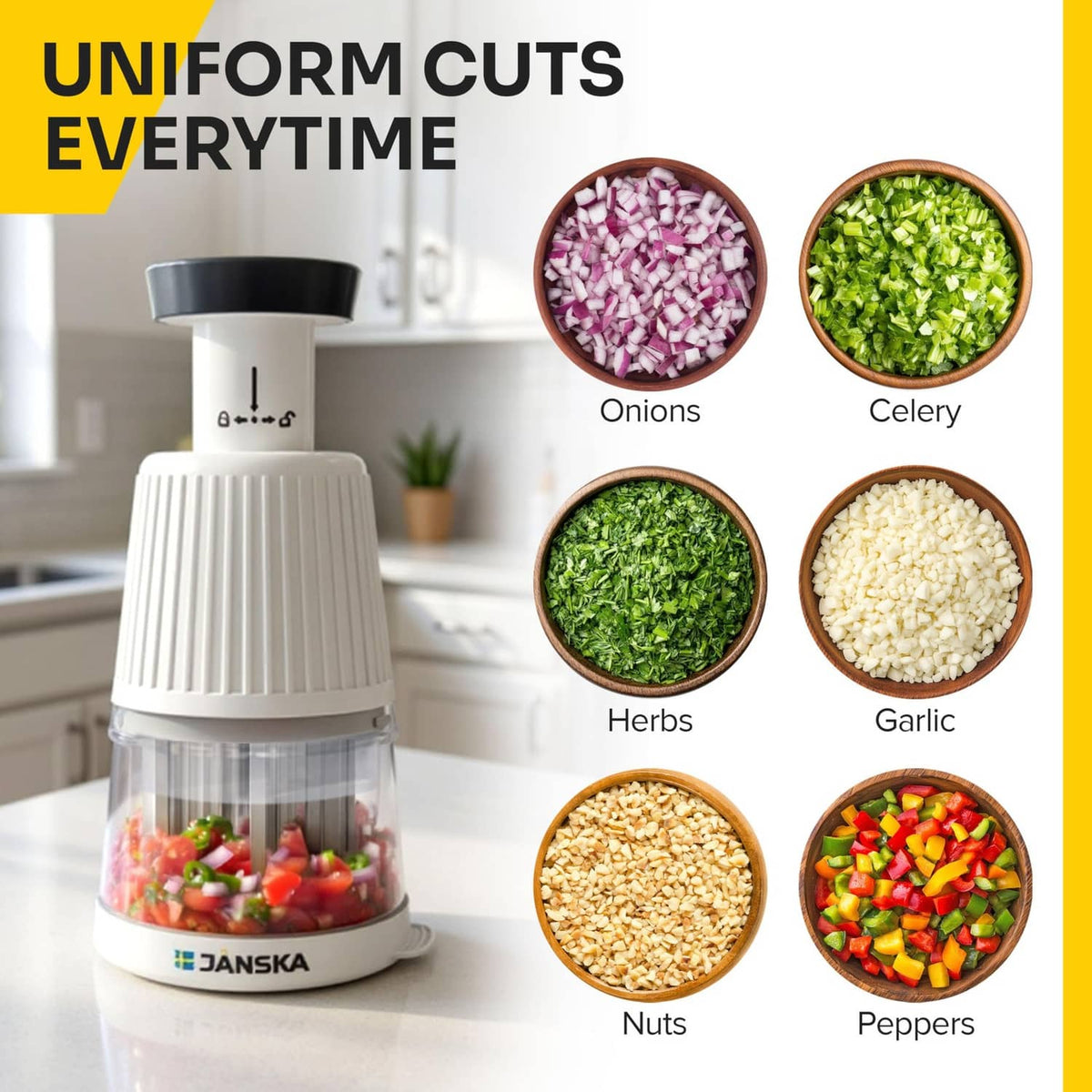 White push chopper with clear cup and stainless blade, shown with chopped ingredient bowls