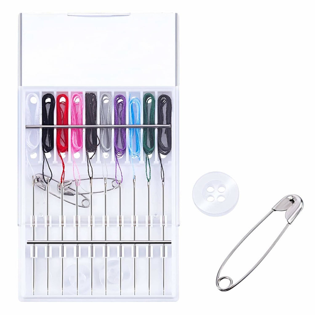 Pre-threaded sewing needle kit case with colored threads, white button, and safety pins