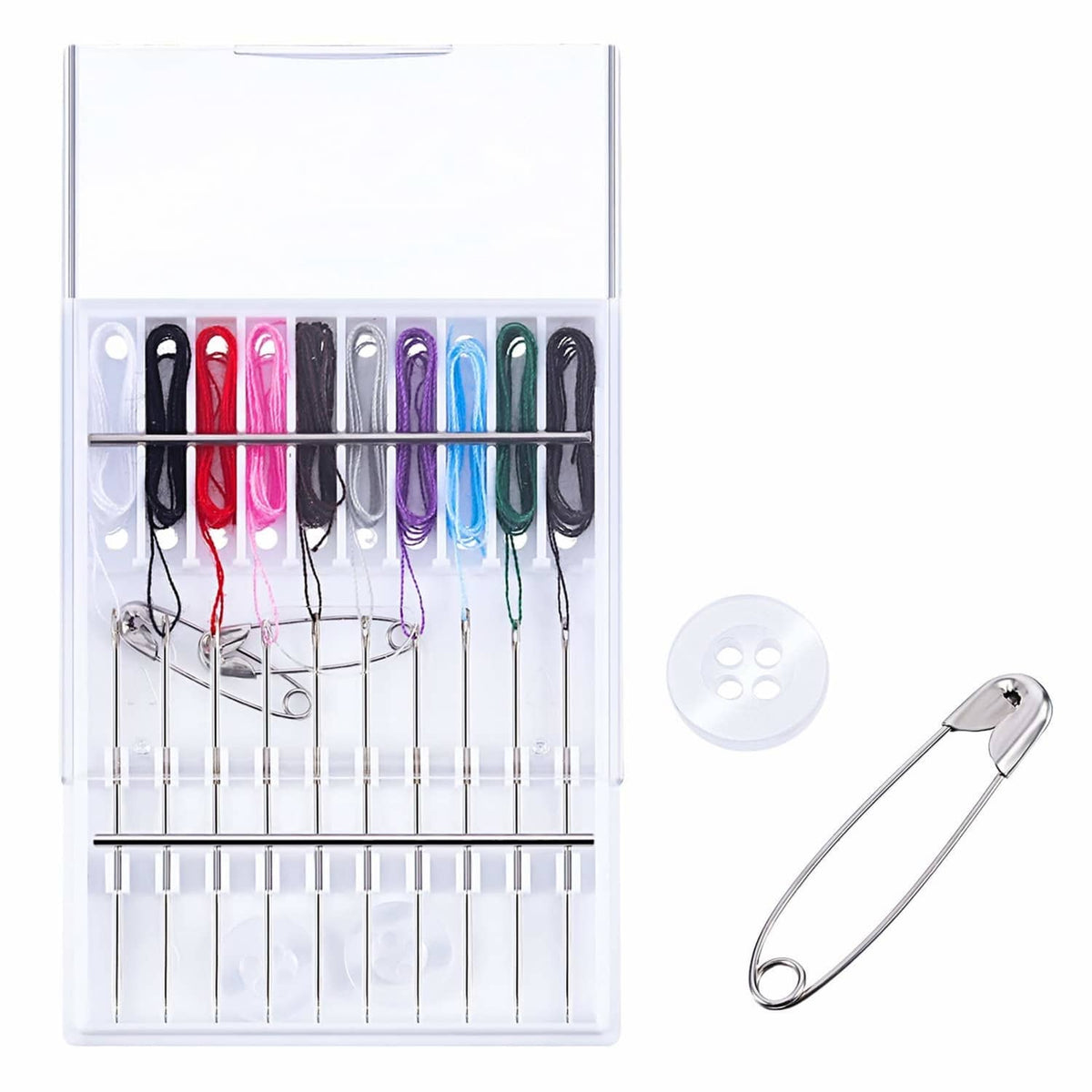 Pre-threaded sewing needle kit case with colored threads, white button, and safety pins