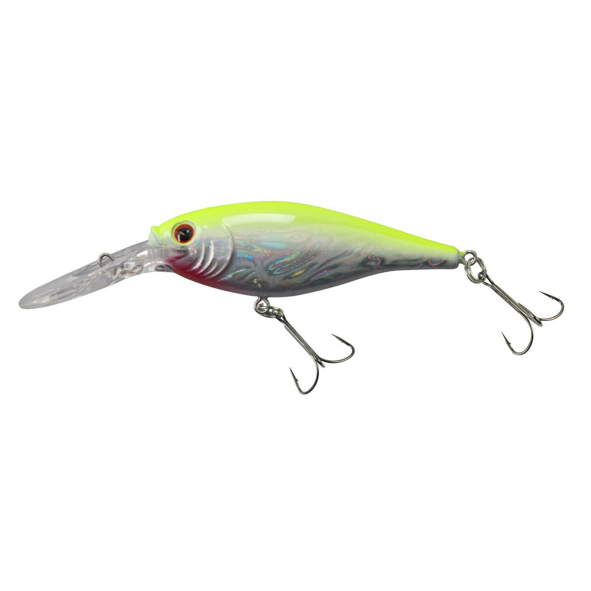 Chartreuse and pearl crankbait with red gill markings and three treble hooks
