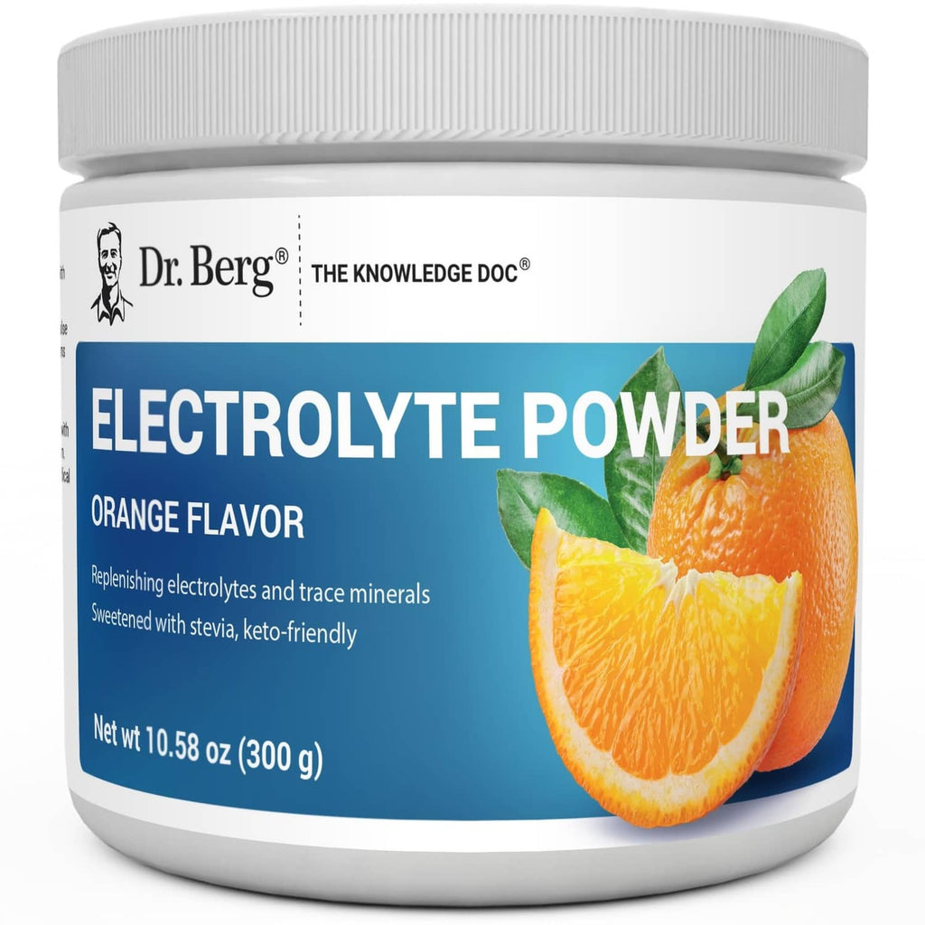 Dr. Berg electrolyte powder jar with orange flavor label, 10.58 oz (300 g)