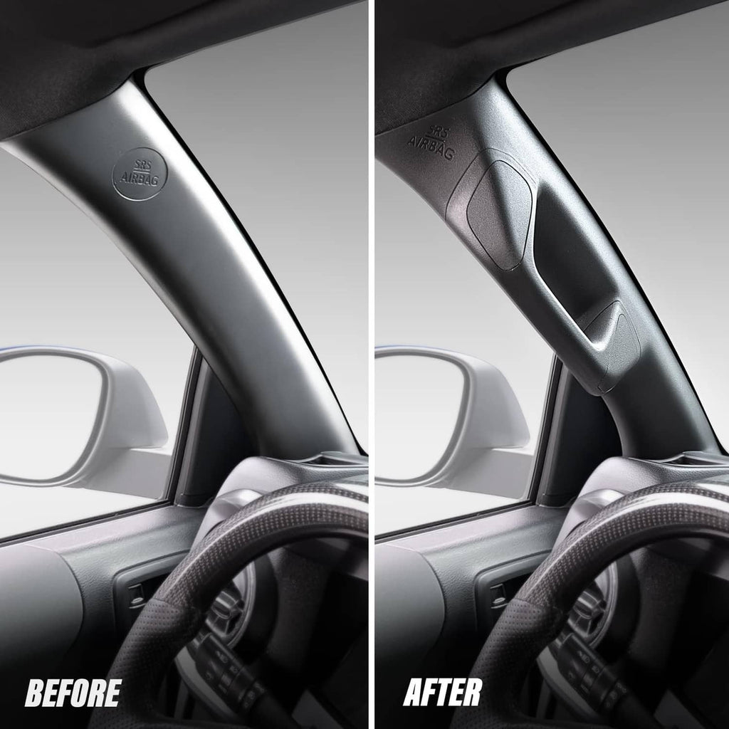 Before-and-after view of a black A-pillar trim handle on the driver-side door area