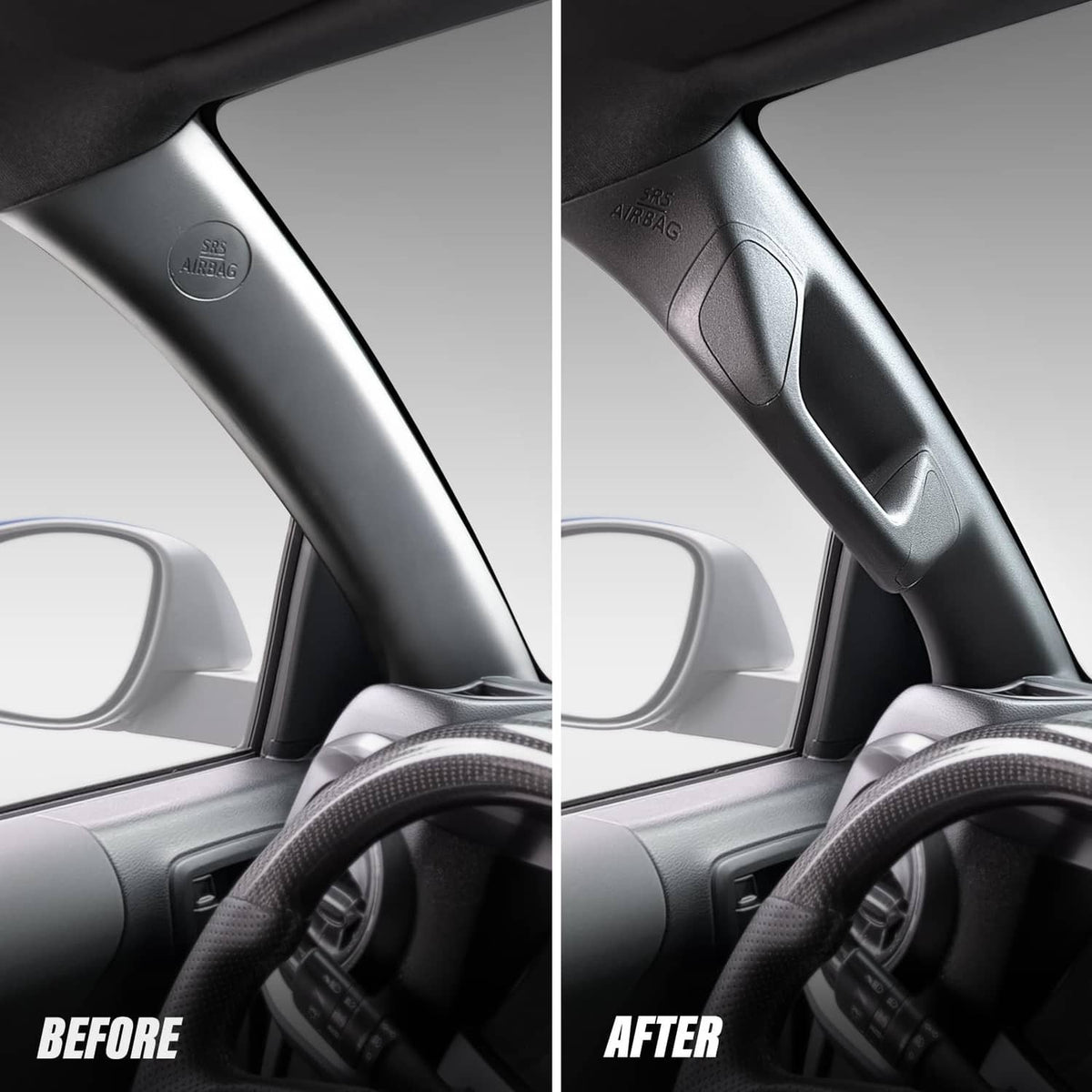 Before-and-after view of a black A-pillar trim handle on the driver-side door area