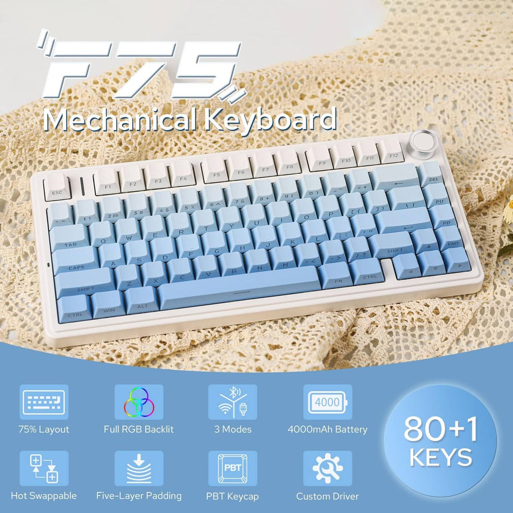 White mechanical keyboard with light-blue keycaps and RGB backlight illumination