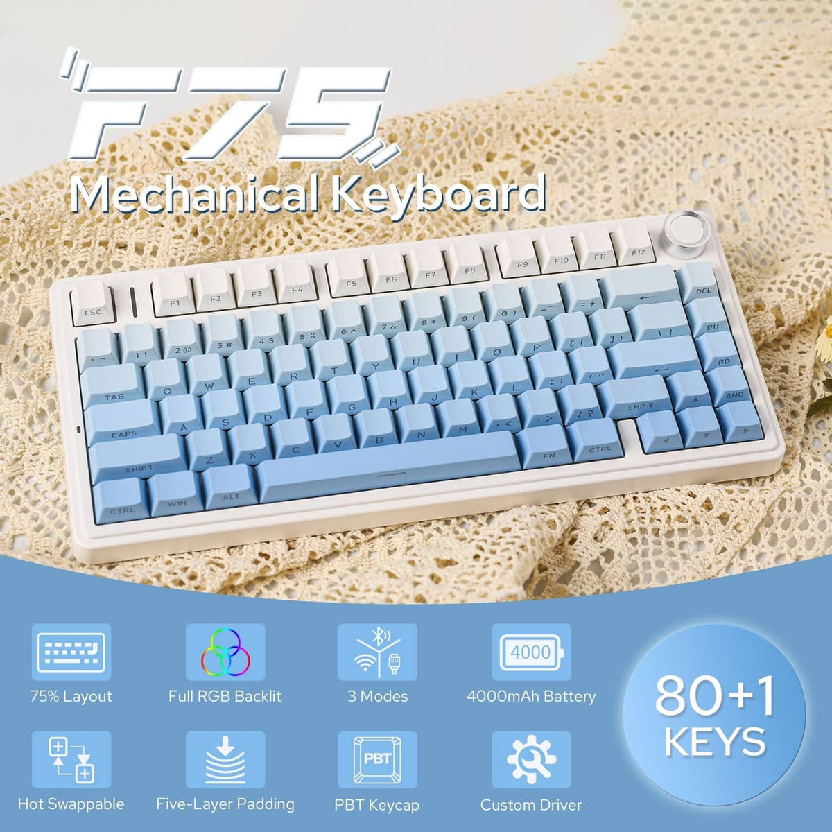 White mechanical keyboard with light-blue keycaps and RGB backlight illumination